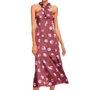NWT LOFT Ikat Buttercup Satin Godet Halter Midi Dress Womens Size 6